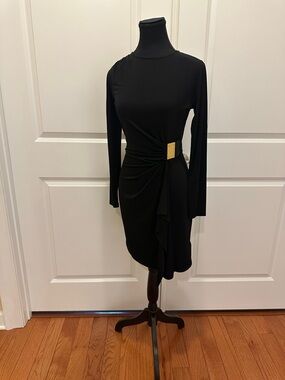 Michael Kors Black Long-Sleeve Draped Waist Dress with Gold Accent